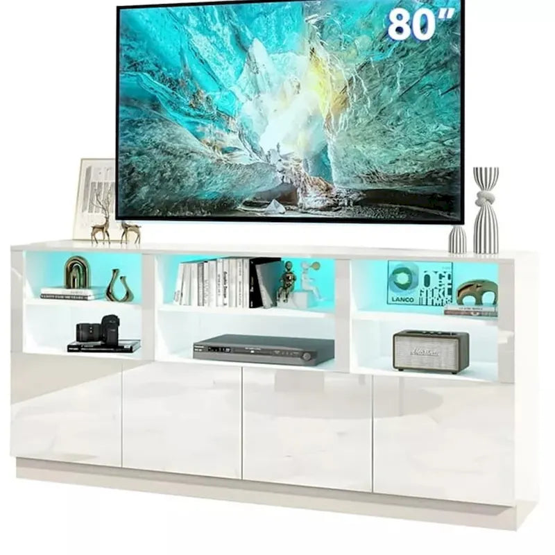 Meuble TV LED blanc très brillant de 70 pouces avec 2 armoires et étagères réglables, convient aux téléviseurs jusqu’à 85 pouces