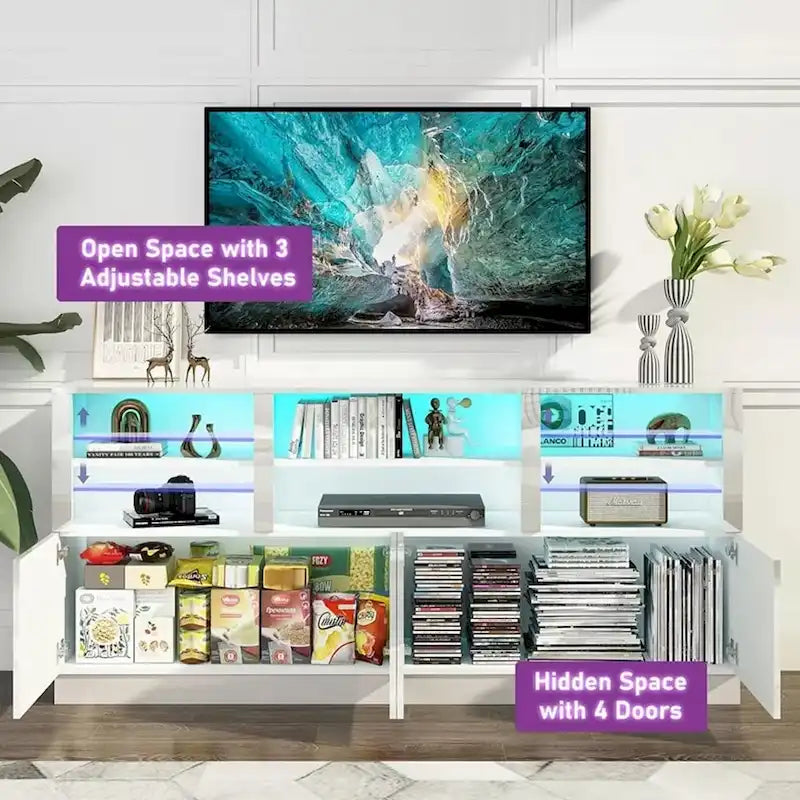 70 Inch White High Gloss LED TV Stand with 2 Cabinets and Adjustable Shelves, Fits TVs up to 85 Inches
