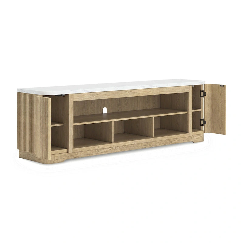 TV stolek s rýhovanými dvířky a deskou z imitace mramoru