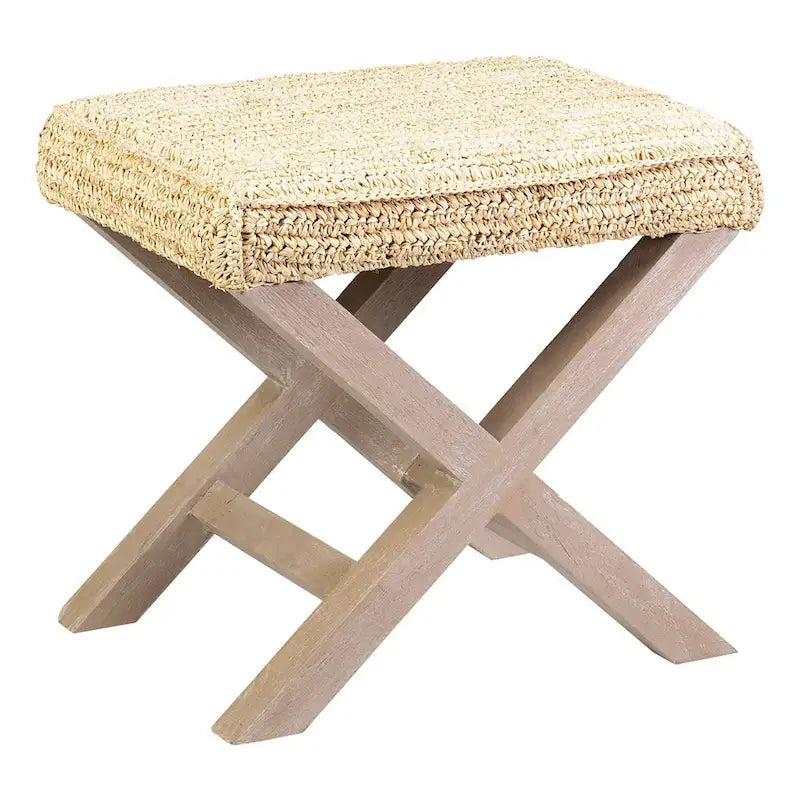 Pouf in rafia intrecciata a mano con gambe incrociate in legno, poggiapiedi in stile costiero color crema o grigio