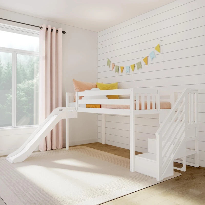 Niedriges Twin-Hochbett mit Rutsche, Treppe und Spielvorhang