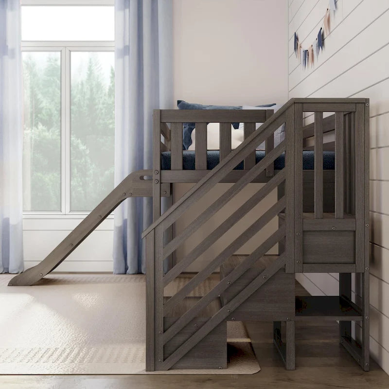Letto singolo rialzato basso con scivolo, scale e tenda da gioco