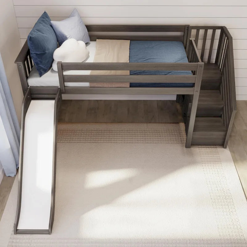 Niedriges Twin-Hochbett mit Rutsche, Treppe und Spielvorhang