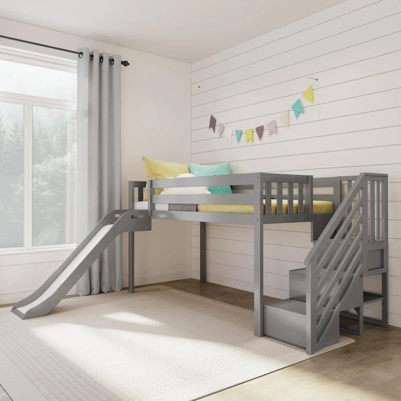 Letto singolo rialzato basso con scivolo, scale e tenda da gioco