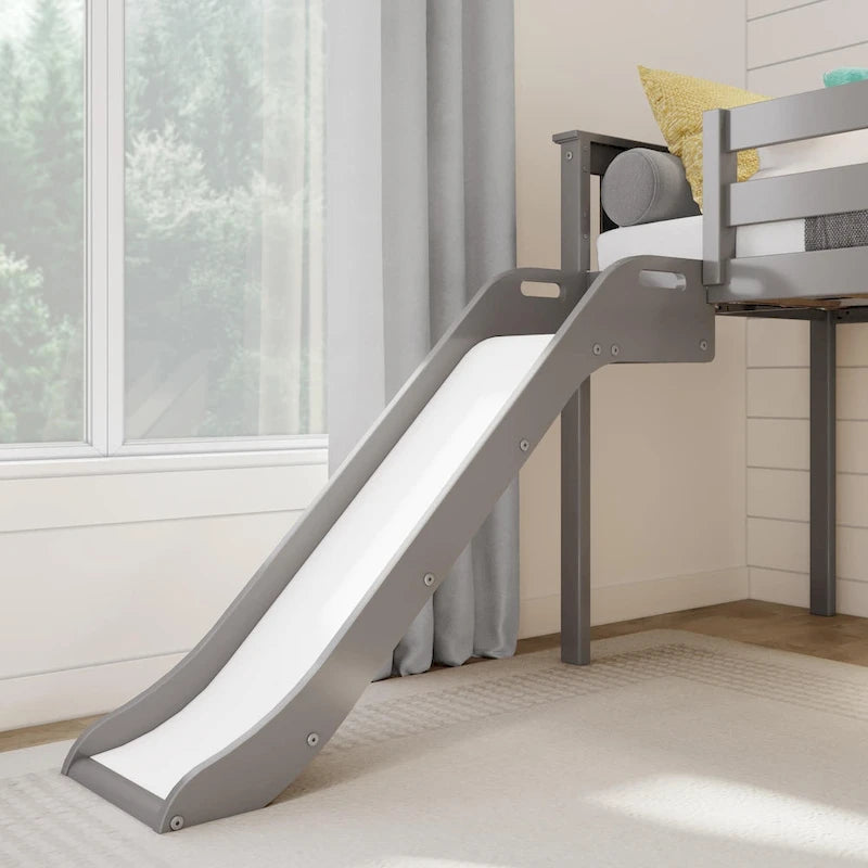 Letto singolo rialzato basso con scivolo, scale e tenda da gioco