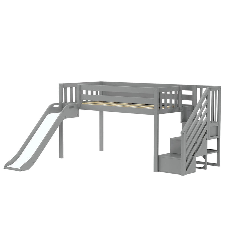 Letto singolo rialzato basso con scivolo, scale e tenda da gioco