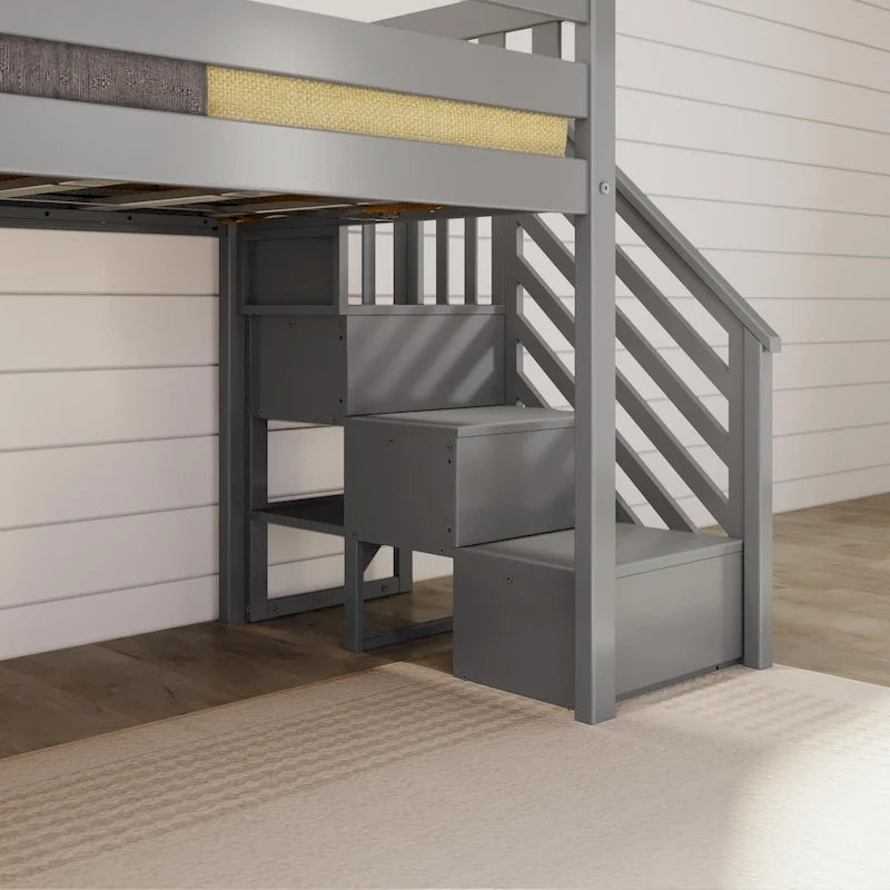 Letto singolo rialzato basso con scivolo, scale e tenda da gioco