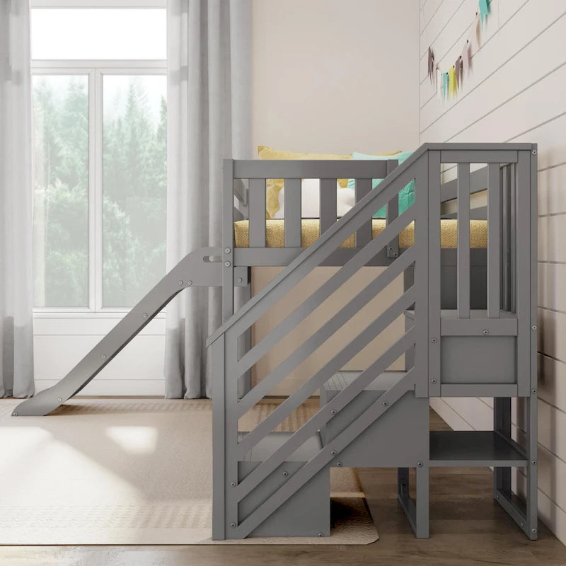 Letto singolo rialzato basso con scivolo, scale e tenda da gioco