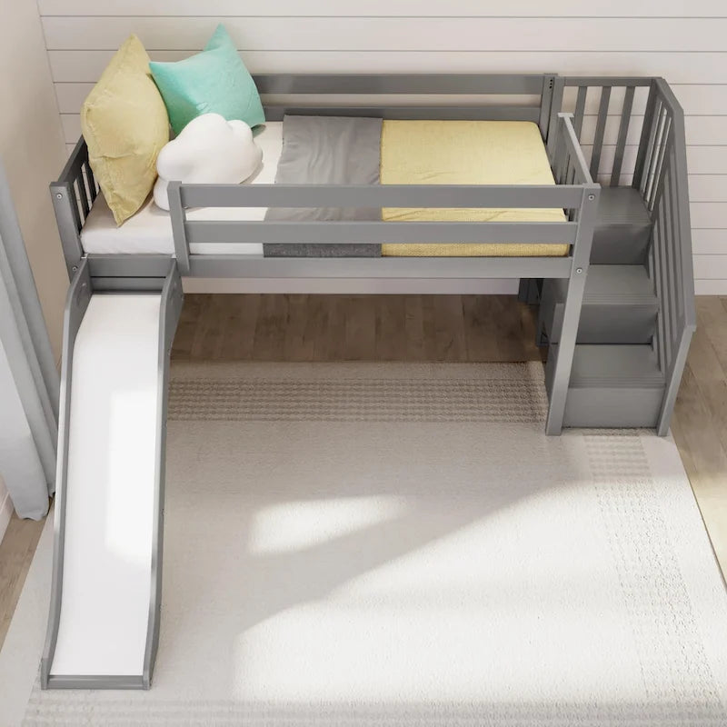 Letto singolo rialzato basso con scivolo, scale e tenda da gioco