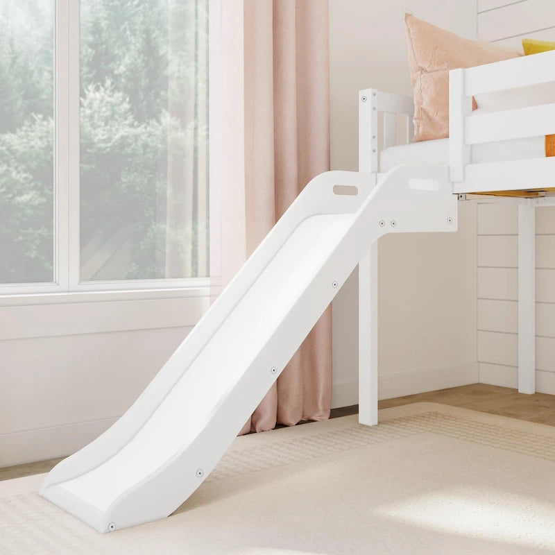 Letto singolo rialzato basso con scivolo, scale e tenda da gioco