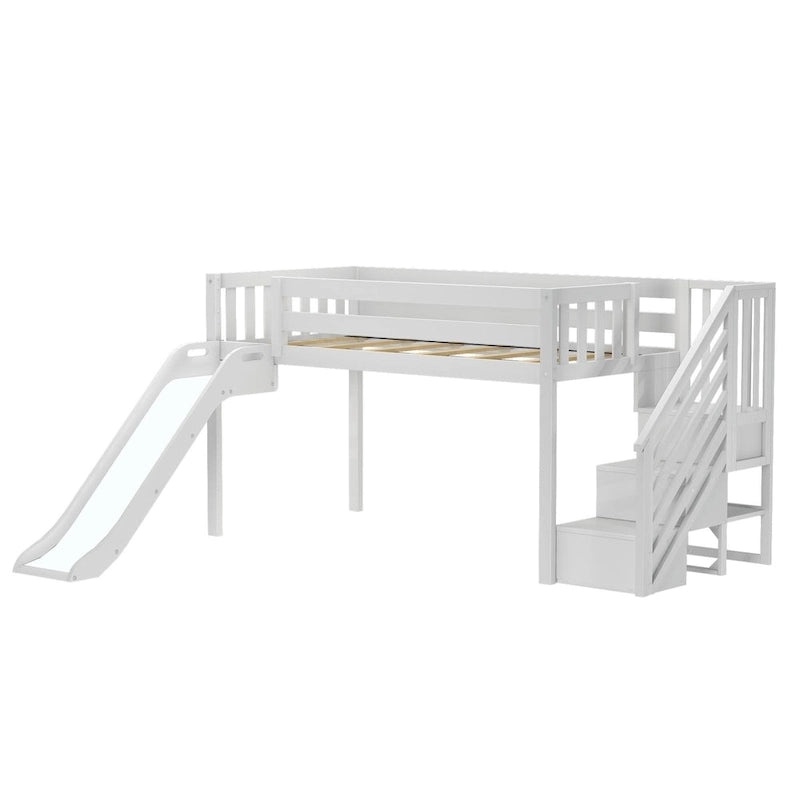Letto singolo rialzato basso con scivolo, scale e tenda da gioco
