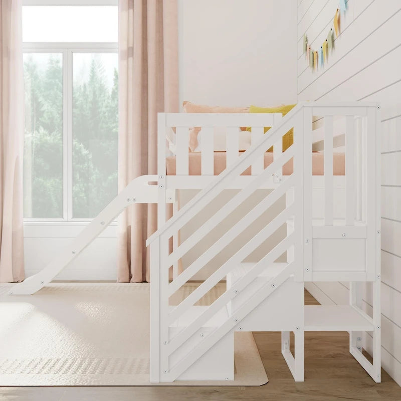 Letto singolo rialzato basso con scivolo, scale e tenda da gioco
