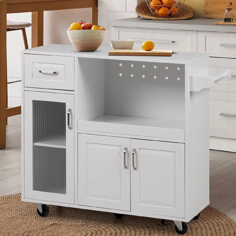 Desserte de cuisine roulante avec porte-serviettes, étagère pour micro-ondes, tiroir et armoire à porte vitrée