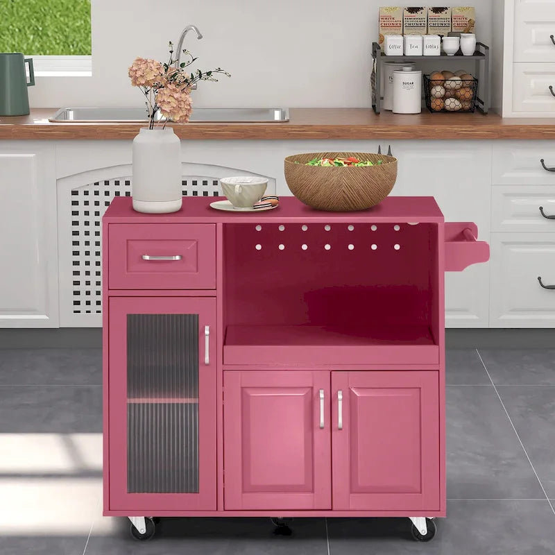 Desserte de cuisine roulante avec porte-serviettes, étagère pour micro-ondes, tiroir et armoire à porte vitrée