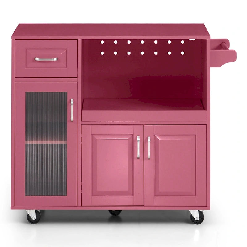 Desserte de cuisine roulante avec porte-serviettes, étagère pour micro-ondes, tiroir et armoire à porte vitrée