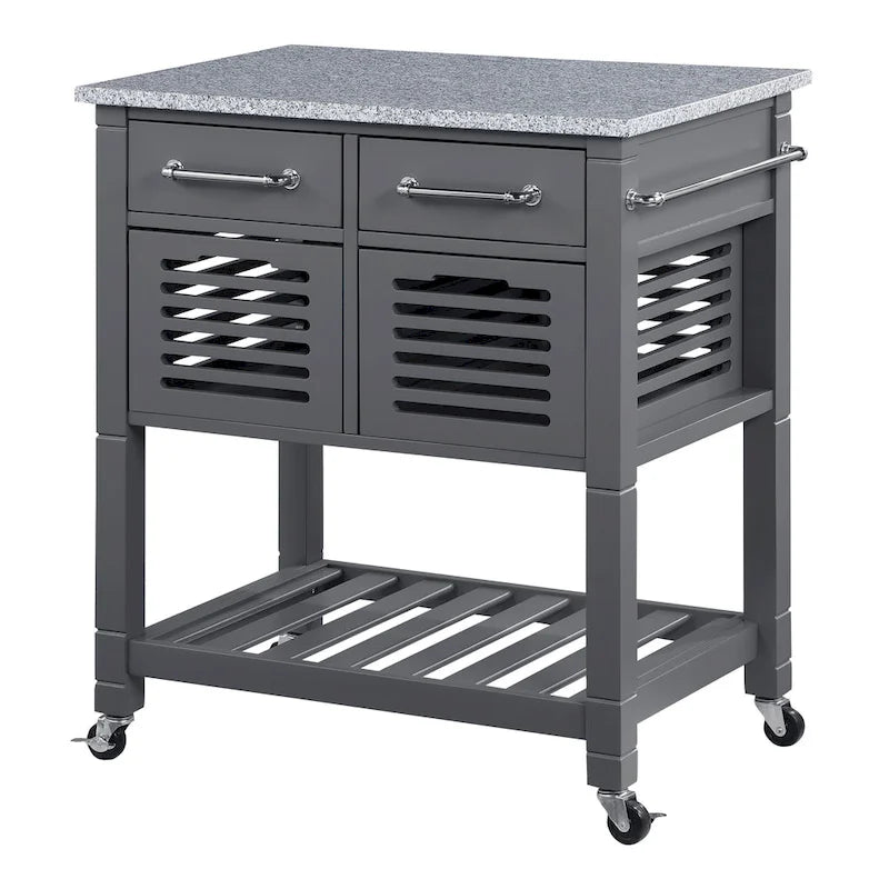 Rolling Kitchen Cart with Granite Top, Solid Wood Island with Drawers, Storage and Locking Casters