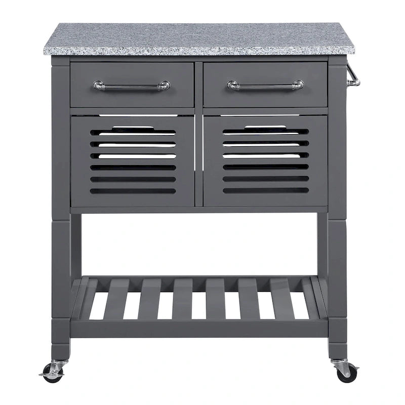 Rolling Kitchen Cart with Granite Top, Solid Wood Island with Drawers, Storage and Locking Casters