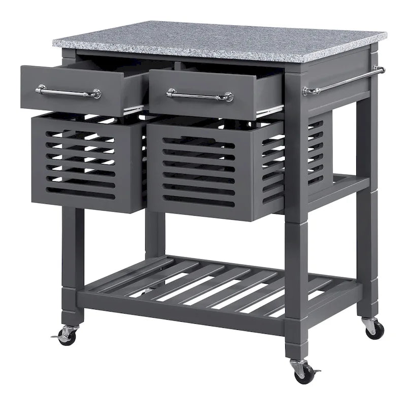 Rolling Kitchen Cart with Granite Top, Solid Wood Island with Drawers, Storage and Locking Casters