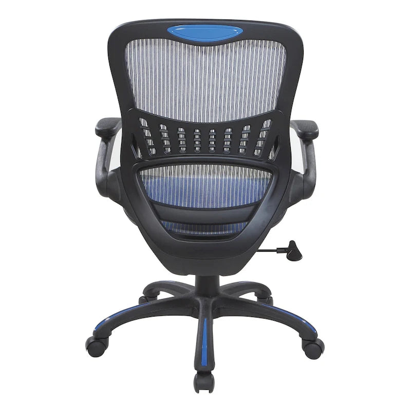 Atmungsaktiver Bürostuhl aus Netzstoff mit Lordosenstütze, verstellbarer Höhe, arretierbarer Neigefunktion und hochklappbaren Armlehnen