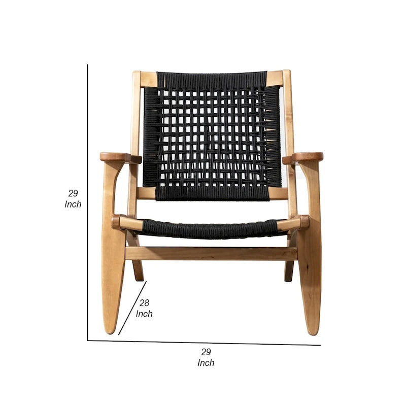 Accentstoel met gevlochten touw, frame van massief berkenhout en rechte armleuningen, bruin en zwart