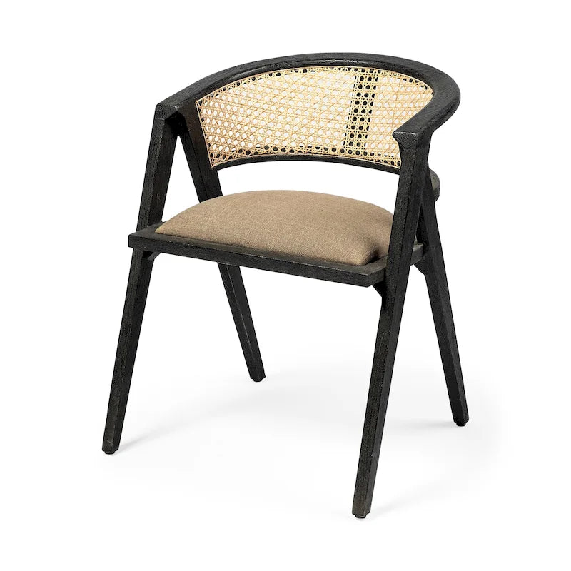 Chaise de salle à manger noire en bois de manguier avec dossier en cannage