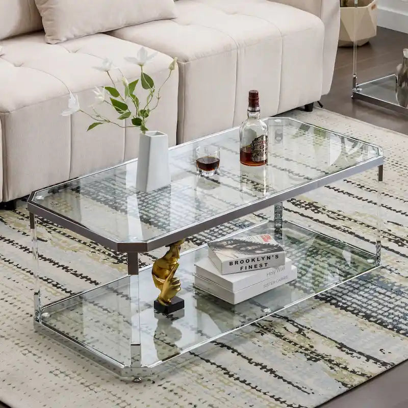 44 Inch Rectangular Glass Coffee Table with Lower Shelf and Chrome Frame