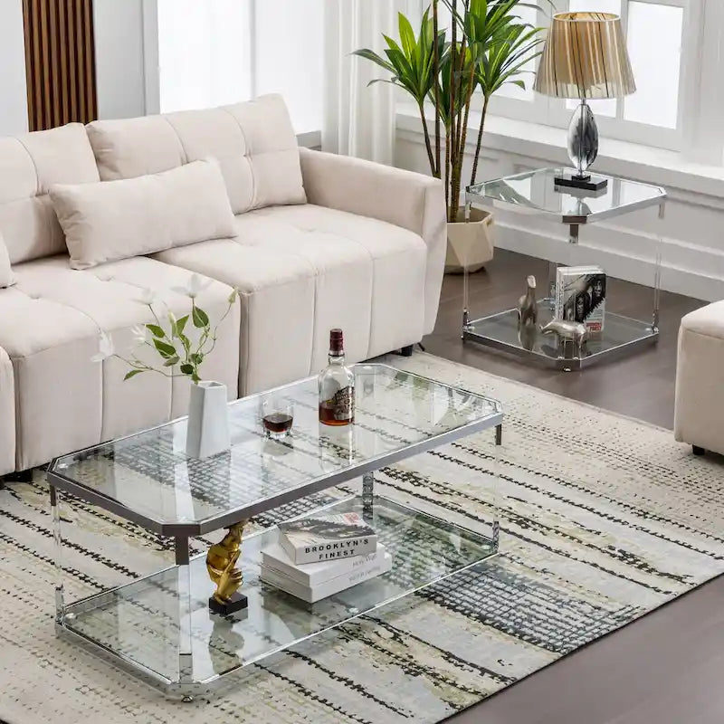 44 Inch Rectangular Glass Coffee Table with Lower Shelf and Chrome Frame