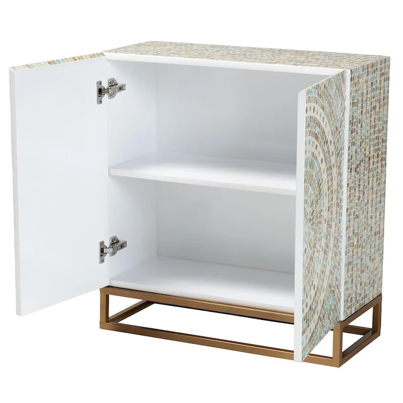 Armoire de rangement en mosaïque de nacre avec base en métal doré