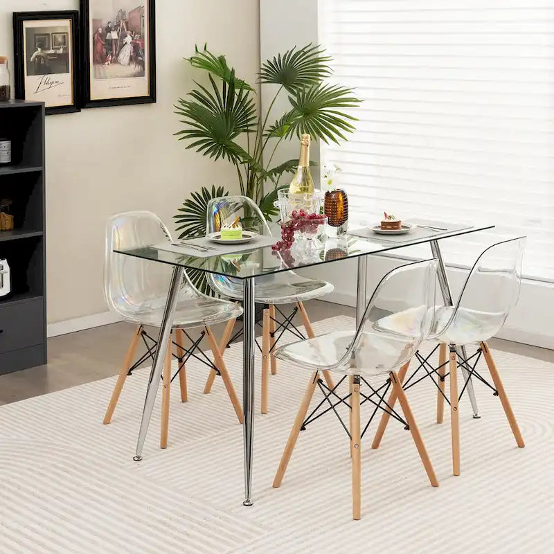 Table de salle à manger rectangulaire en verre avec pieds en acier