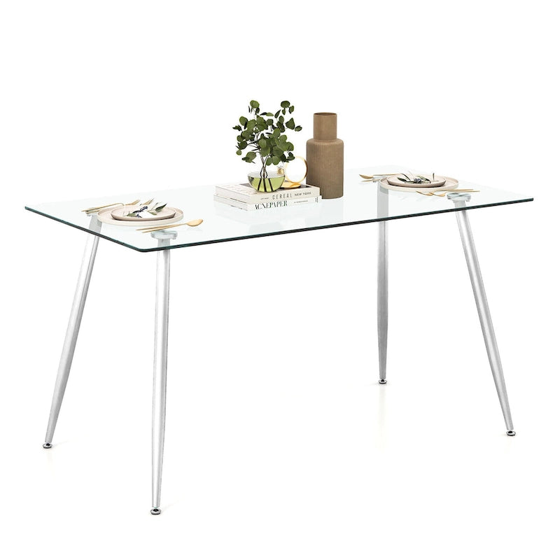 Table de salle à manger rectangulaire en verre avec pieds en acier