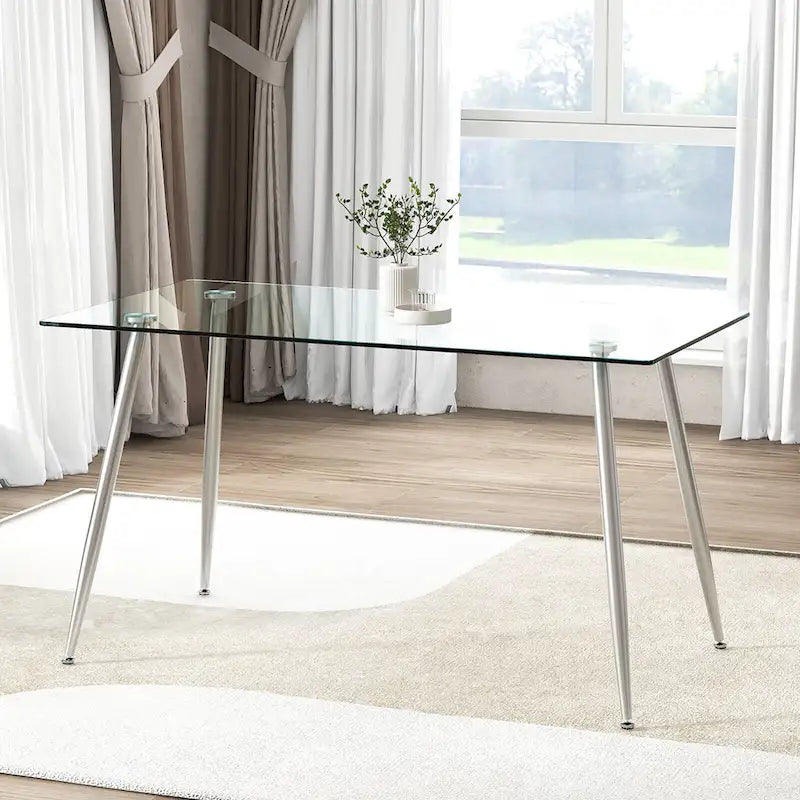 Table de salle à manger rectangulaire en verre avec pieds en acier