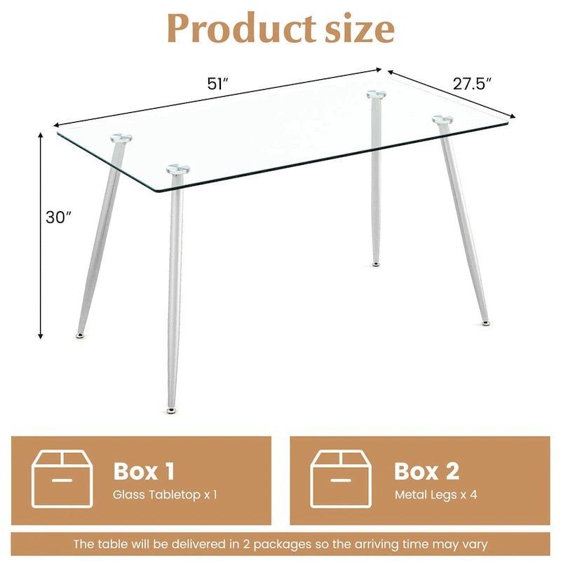 Prostokątny stół do jadalni ze szklanym blatem i stalowymi nogami