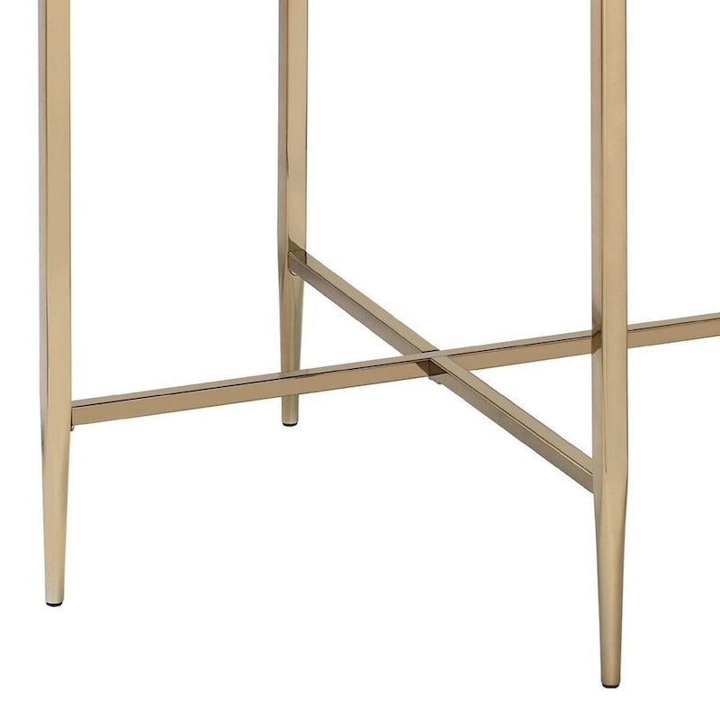 Ovaler Beistelltisch in Kunstmarmoroptik mit goldfarbenem X-Gestell