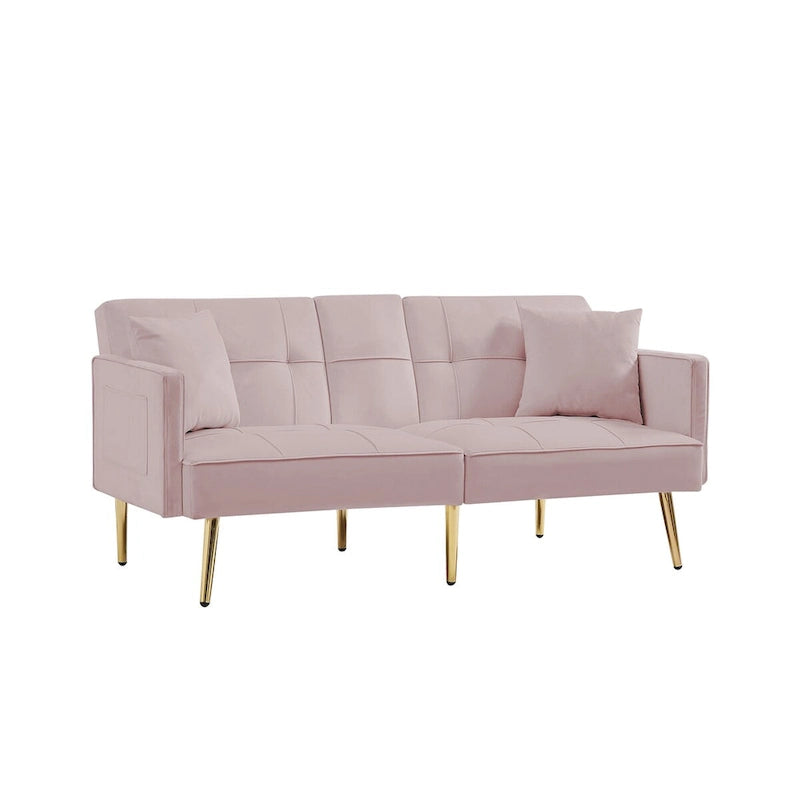 Rosa Samt-Schlafsofa für zwei Personen mit verstellbarer Rückenlehne, mittlerer Armlehne und goldfarbenen Metallbeinen