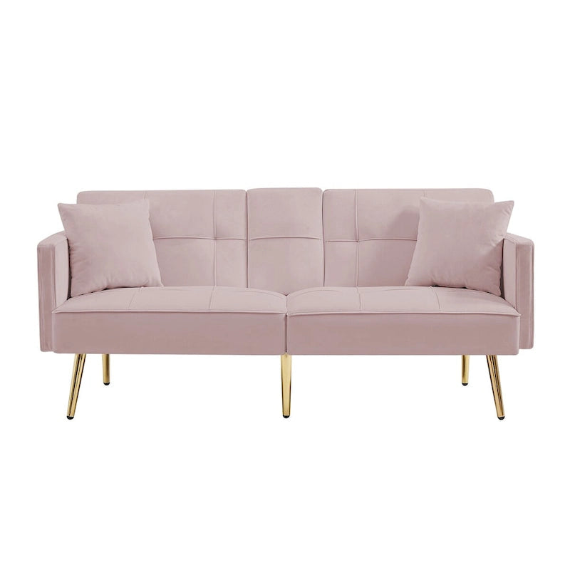 Rosa Samt-Schlafsofa für zwei Personen mit verstellbarer Rückenlehne, mittlerer Armlehne und goldfarbenen Metallbeinen