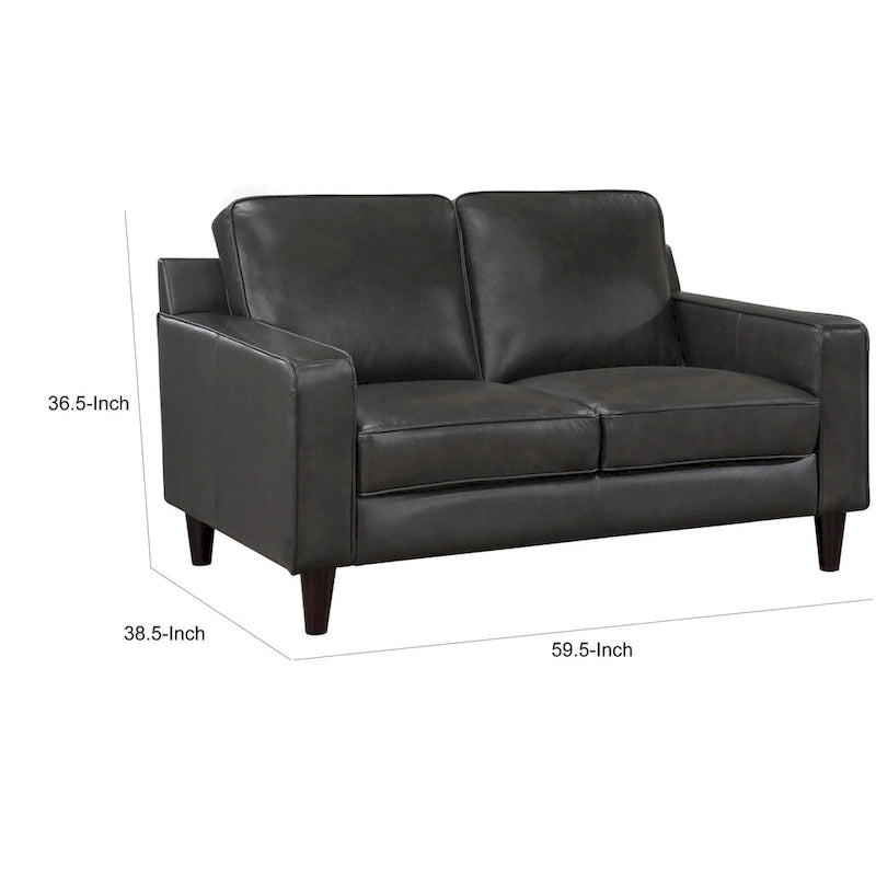 60 Zoll graues Zweisitzersofa aus Vollnarbenleder mit Massivholzrahmen und konisch zulaufenden Beinen
