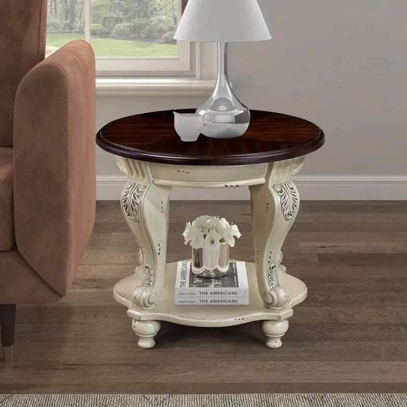 Ronde houten bijzettafel met onderste plank