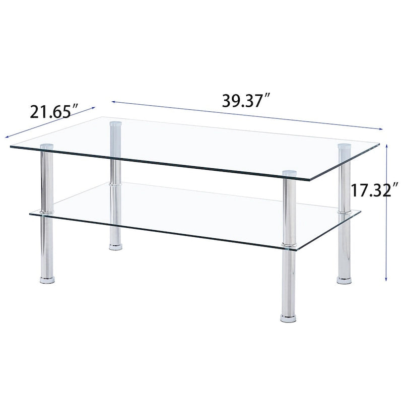 Salontafel van helder gehard glas met onderste opbergplank, rechthoekige woonkamertafel