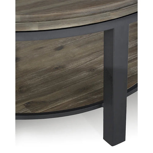 Tavolino da caffè rotondo da 40 pollici in legno massello di acacia con ripiano contenitore e struttura in metallo nero, grigio slavato