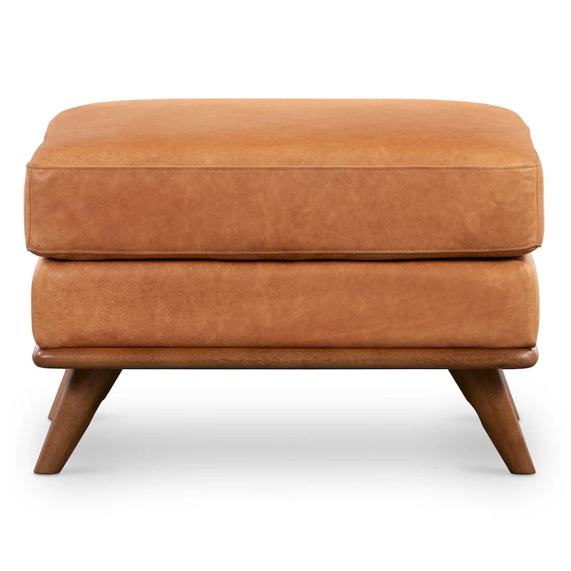 29 Zoll quadratischer Hocker aus Vollnarbenleder in Cognac mit Beinen aus Massivholz