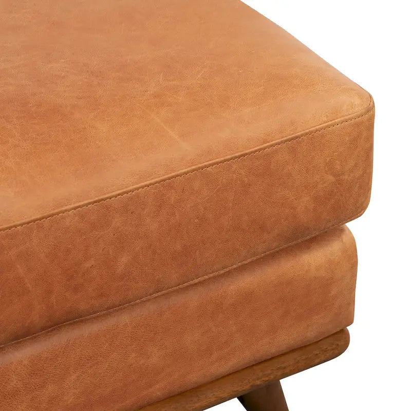 29 Zoll quadratischer Hocker aus Vollnarbenleder in Cognac mit Beinen aus Massivholz