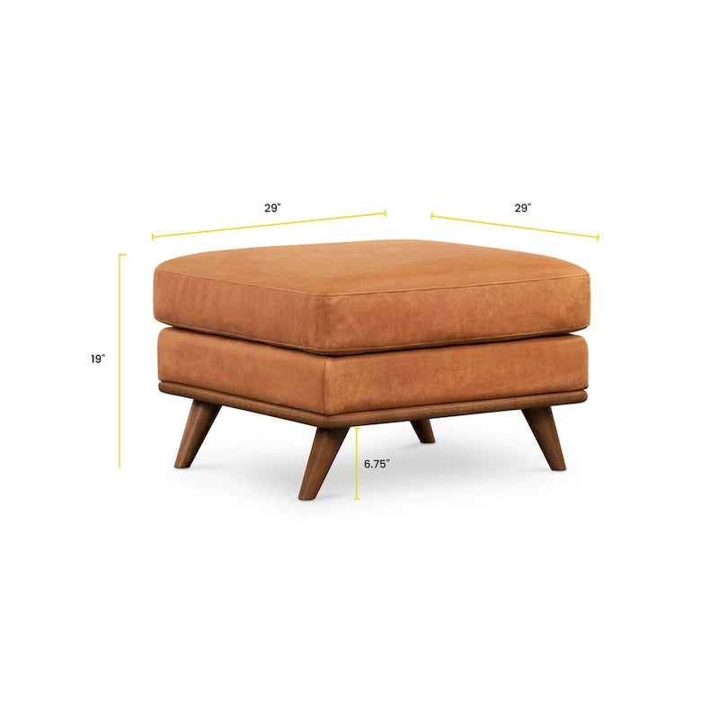 29 Zoll quadratischer Hocker aus Vollnarbenleder in Cognac mit Beinen aus Massivholz
